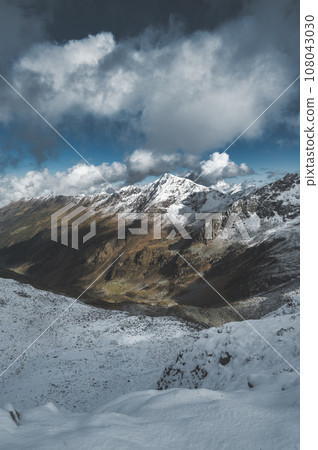 Alpine valley with first autumn snowfall 108043030