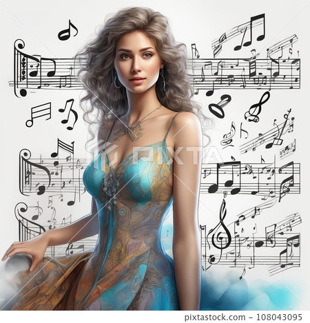 Pretty woman in dress with music key and notes Pretty woman in dress with music key and notes 108043095