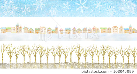 A material set of a winter sky with falling snowflakes, a cityscape illuminated with illuminations, and a tree-lined avenue illuminated. 108043099