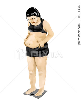 Obese woman riding a weight scale Obese woman riding a weight scale 108043369