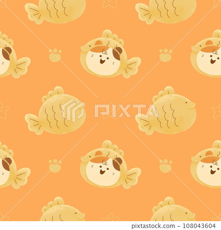 cute Watercolor illustration. Japanese fish-shaped pancakes Dessert with Taiyaki cat doodle seamless pattern print on t-shirt, dark background 108043604