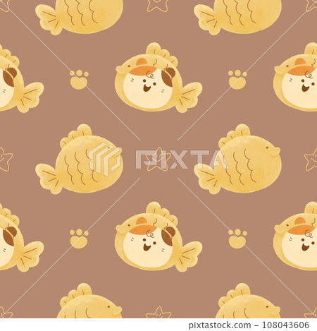 cute Watercolor illustration. Japanese fish-shaped pancakes Dessert with Taiyaki cat doodle seamless pattern print on t-shirt, dark background cute Watercolor illustration. Japanese fish-shaped pancakes Dessert with Taiyaki cat doodle seamless pattern print on t-shirt, dark background 108043606