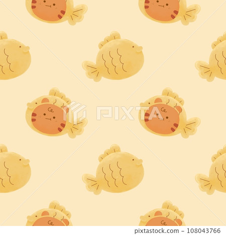 cute Watercolor illustration. Japanese fish-shaped pancakes Dessert with Taiyaki cat doodle seamless pattern print on t-shirt cute Watercolor illustration. Japanese fish-shaped pancakes Dessert with Taiyaki cat doodle seamless pattern print on t-shirt 108043766