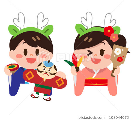 穿著和服的男孩和女孩戴著龍頭帶,在 2024 年元旦新年上半身玩得開心 穿著和服的男孩和女孩戴著龍頭帶,在 2024 年元旦新年上半身玩得開心 108044073