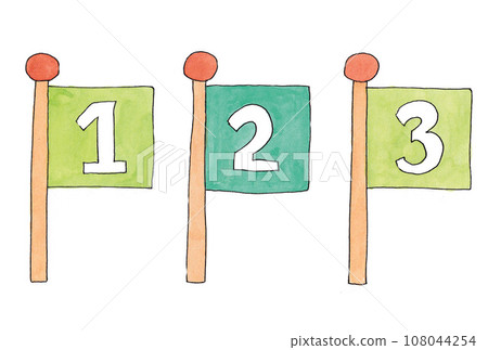 Illustration set of yellow-green 1.3 and green 2 flags drawn with water-based pens and transparent watercolors 108044254