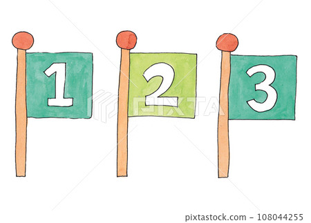 Illustration set of green 1.3 and yellow-green 2 flags drawn with water-based pens and transparent watercolors 108044255