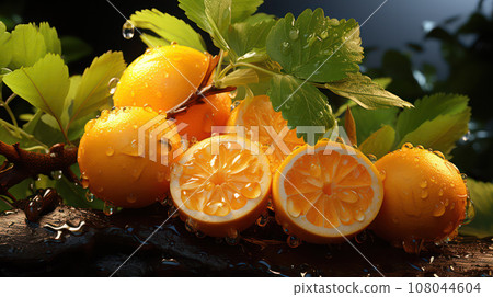 Fresh Oranges on Branches with Invigorating Water - Natural Citrus Refreshment Fresh Oranges on Branches with Invigorating Water - Natural Citrus Refreshment 108044604