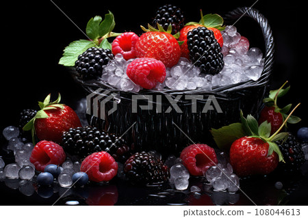 Basket Overflowing with Juicy and Ripe Mixed Berries - Fresh Harvest Delight Basket Overflowing with Juicy and Ripe Mixed Berries - Fresh Harvest Delight 108044613