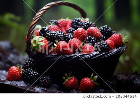 Basket Overflowing with Juicy and Ripe Mixed Berries - Fresh Harvest Delight Basket Overflowing with Juicy and Ripe Mixed Berries - Fresh Harvest Delight 108044614
