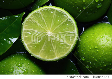Fresh Limes with Vibrant Leaves and Glistening Water Droplets - Citrus Refreshment Fresh Limes with Vibrant Leaves and Glistening Water Droplets - Citrus Refreshment 108044654