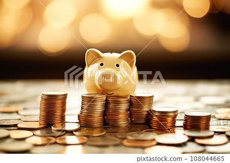 Golden Piggy Bank Surrounded by Piles of Coins - Wealth and Savings Concept 108044665