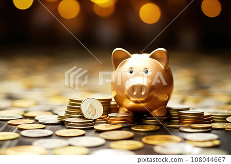 Golden Piggy Bank Surrounded by Piles of Coins - Wealth and Savings Concept 108044667