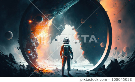 An astronaut in a spacesuit is seen on a strange planet. Generative Ai. 108045038