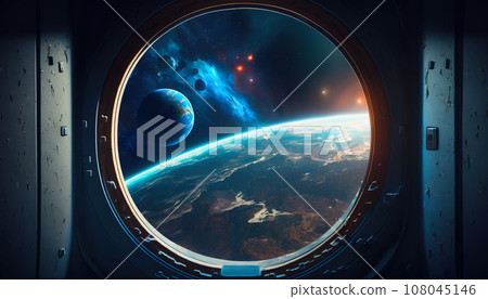 Stunning planet is viewed from the porthole window of a starship. Generative Ai. 108045146
