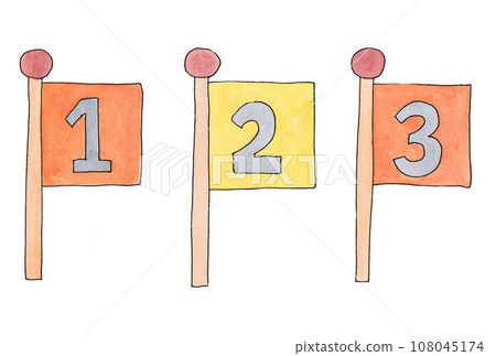 Illustration set of gray letters orange 1.3 and yellow 2 flags drawn with water-based pens and transparent watercolors Illustration set of gray letters orange 1.3 and yellow 2 flags drawn with water-based pens and transparent watercolors 108045174