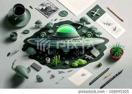 UFO flat lay. World Ufo Day concept. Generative Ai. 108045205