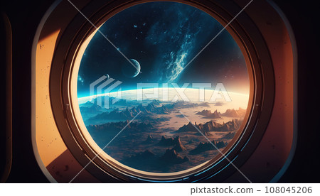 Stunning planet is viewed from the porthole window of a starship. Generative Ai. 108045206