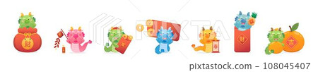 A set of cute Chinese dragon characters or mascots or cartoon characters, playful and cute, vector elements for the Chinese New Year A set of cute Chinese dragon characters or mascots or cartoon characters, playful and cute, vector elements for the Chinese New Year 108045407