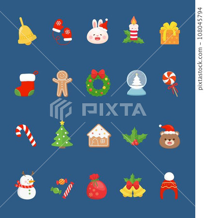20 Christmas elements, a combination of Christmas stockings, Christmas trees, snowballs, teddy bears, rabbits, wool gloves, bells and gingerbread men, cartoon style icons 108045794