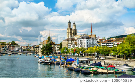 Zurich with Grossmunster Cathedral at the Limmat River in Switzerland 108045859
