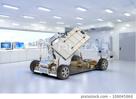 Automation automobile factory concept with 3d rendering robot assembly line with electric car battery cells module on platform Automation automobile factory concept with 3d rendering robot assembly line with electric car battery cells module on platform 108045868