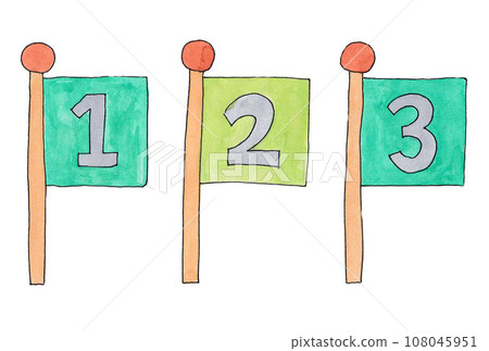 Illustration set of flags in gray font green 1.3 and yellow green 2 drawn with water-based pens and transparent watercolors 108045951