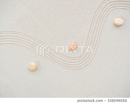 Zen Pattern Background Sand Garden japanese Stone Pebble Abstract Texture White Beach Spa Aroma Japan Nature Top View Space, Concept for Stability Still Balance Meditation Yoga Harmony Wellness. 108046088