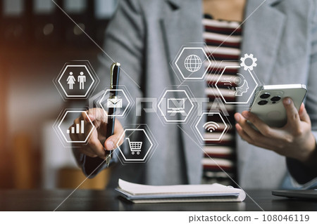 Digital marketing media in virtual icon globe shape business open his hand, working touch screen smartphone. Digital marketing media in virtual icon globe shape business open his hand, working touch screen smartphone. 108046119