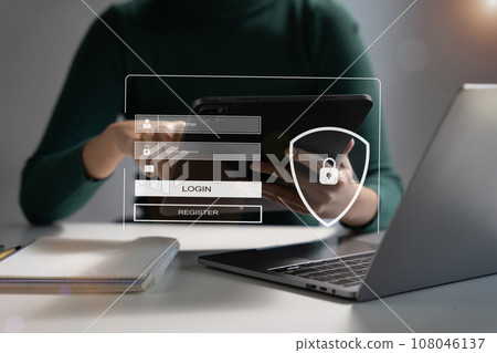 Concept of cyber security, information security and encryption, secure access to user's personal information, secure Internet access, cybersecurity. 108046137