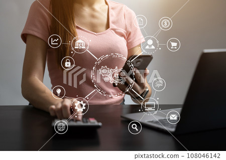 Digital transformation technology strategy, Person using laptop, tablet and smartphone with of things. transformation of ideas and the adoption. 108046142