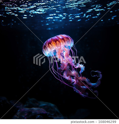 Colorful jellyfish with long tentacles. Filmed underwater. Colorful jellyfish with long tentacles. Filmed underwater. 108046299