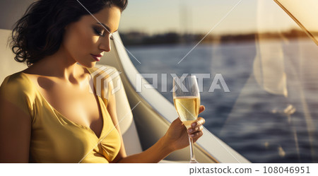 A glamorous lifestyle image of a person enjoying champagne on a yacht or in a high-end penthouse, signifying luxury and indulgence. Generative AI 108046951