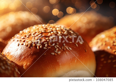 Close-up of freshly baked Arabic bread, highlighting the texture and the glistening sesame seeds. Generative Ai Close-up of freshly baked Arabic bread, highlighting the texture and the glistening sesame seeds. Generative Ai 108047085