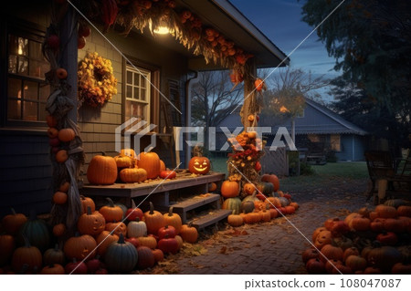 An outdoor porch or doorway decorated with fall foliage, carved pumpkins, orange string lights and scarecrows. Generative Ai An outdoor porch or doorway decorated with fall foliage, carved pumpkins, orange string lights and scarecrows. Generative Ai 108047087