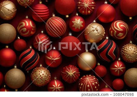 A elegant red and gold Christmas ornaments arranged in a visually pleasing pattern, adding a touch of sophistication and warmth to web banners background. Generative AI 108047098
