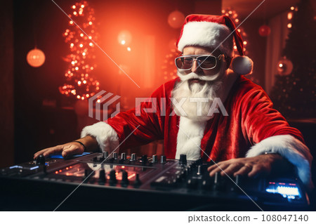 Crazy Santa Claus dj with headset, dance at Christmas party with disco background. Generative Ai 108047140