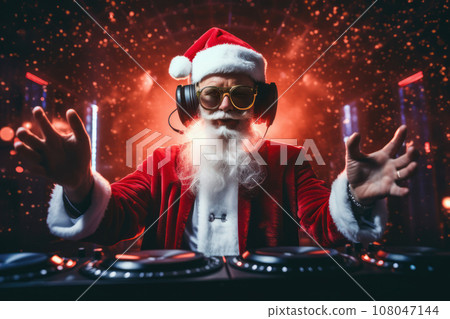 Crazy Santa Claus dj with headset, dance at Christmas party with disco background. Generative Ai 108047144