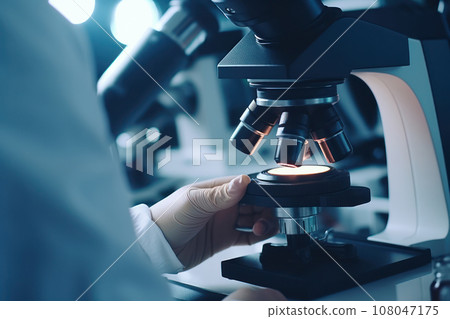Scientist using microscope for research test in high tech medical laboratory. Generative AI 108047175