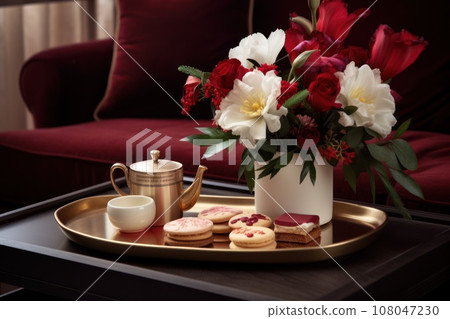 A coffee table adorned with holiday-themed decor, such as a tray of hot cocoa, cookies, and a festive floral arrangement. Generative Ai 108047230