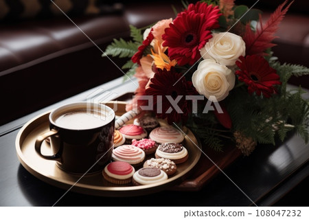 A coffee table adorned with holiday-themed decor, such as a tray of hot cocoa, cookies, and a festive floral arrangement. Generative Ai 108047232