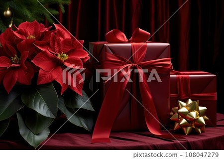 Visuals of poinsettia-themed gift wrapping ideas for the holiday season, incorporating the plant's beauty into presents. Generative AI 108047279