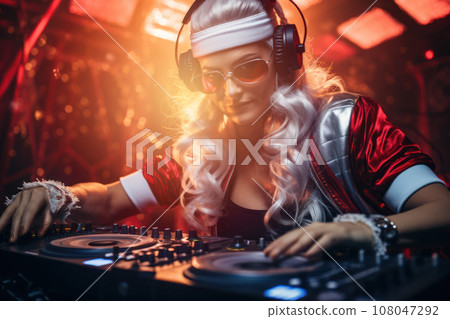 Sexy female dj wearing Santa Claus dress at Christmas party celebration. Generative AI 108047292