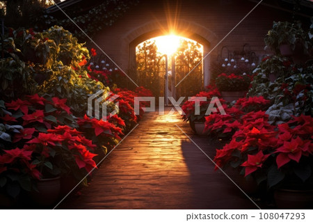 A poinsettia garden bathed in the warm glow of a holiday sunset. Generative Ai 108047293