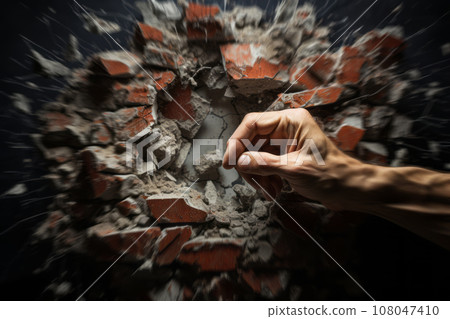 Hand breaking through a brick wall. Beyond all limits. Generative AI 108047410