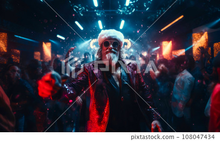 A stylish Santa Claus dancing with the crowd in a discotheque with mirrored walls and a festive backdrop. Generative Ai A stylish Santa Claus dancing with the crowd in a discotheque with mirrored walls and a festive backdrop. Generative Ai 108047434