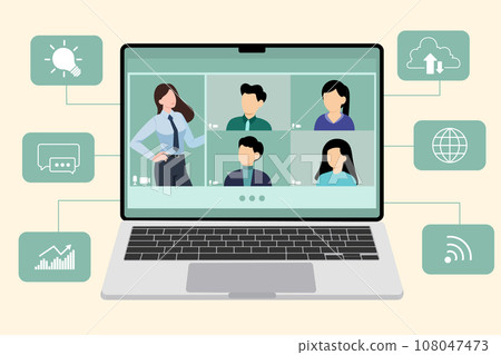 Businessmen talking on video conference, people connecting together, learning or meeting online with teleconference, Remote work, Work from home, vector illustration 108047473