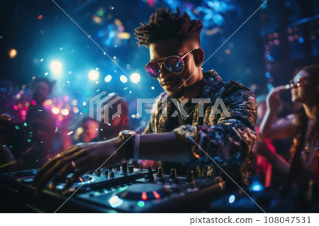 A DJ spinning holiday tunes as people groove on the dance floor, surrounded by neon decorations. Generative Ai 108047531