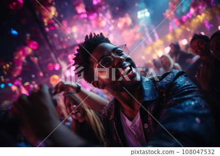 A DJ spinning holiday tunes as people groove on the dance floor, surrounded by neon decorations. Generative Ai A DJ spinning holiday tunes as people groove on the dance floor, surrounded by neon decorations. Generative Ai 108047532