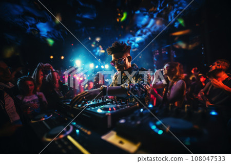 A DJ spinning holiday tunes as people groove on the dance floor, surrounded by neon decorations. Generative Ai A DJ spinning holiday tunes as people groove on the dance floor, surrounded by neon decorations. Generative Ai 108047533