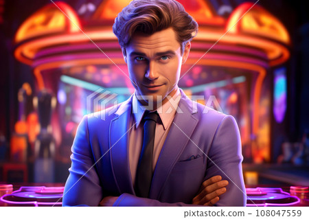A Christmas party discoteque attendee wearing a stylish suit leaning against a neon-lit bar counter. 108047559